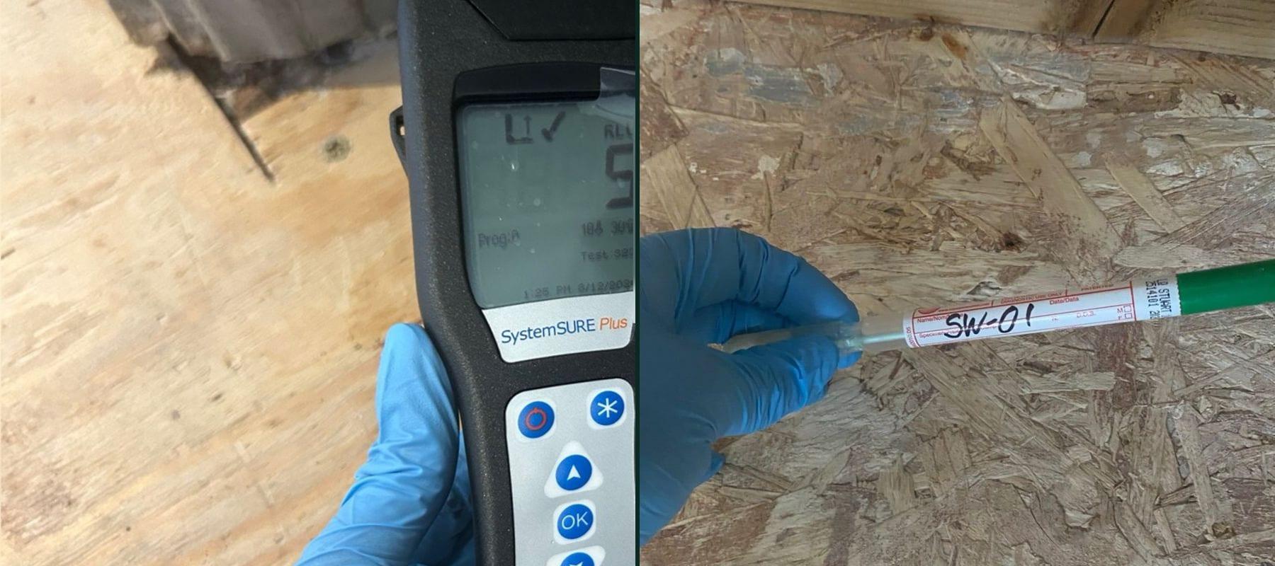 ATP meter reading and a labeled surface swab taken from water-damaged subfloor during bacteria testing