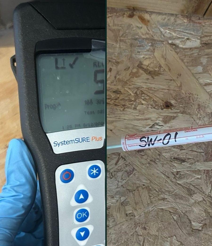 ATP meter reading and a labeled surface swab taken from water-damaged subfloor during bacteria testing