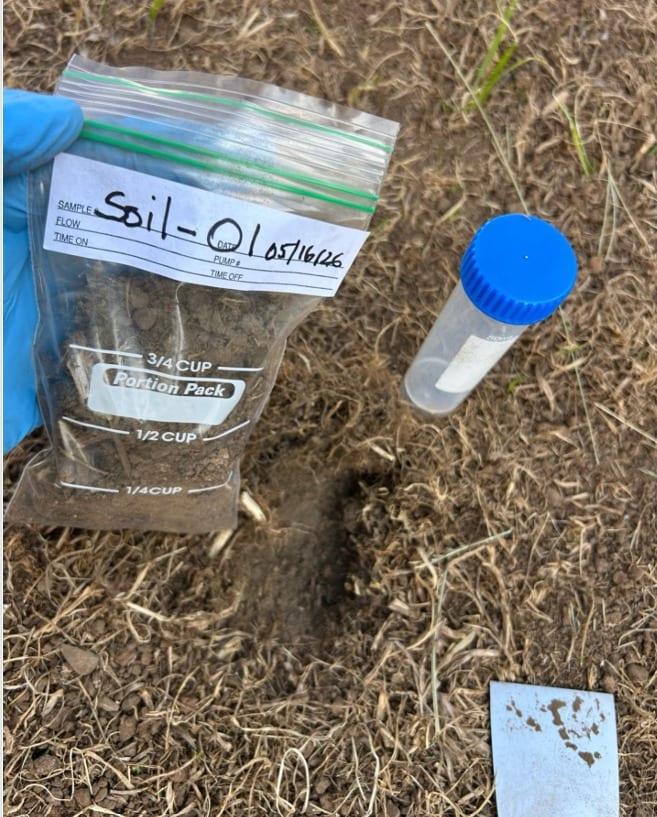 Labeled soil sample bag and sample tube collected on site for CAM 17 heavy metals analysis